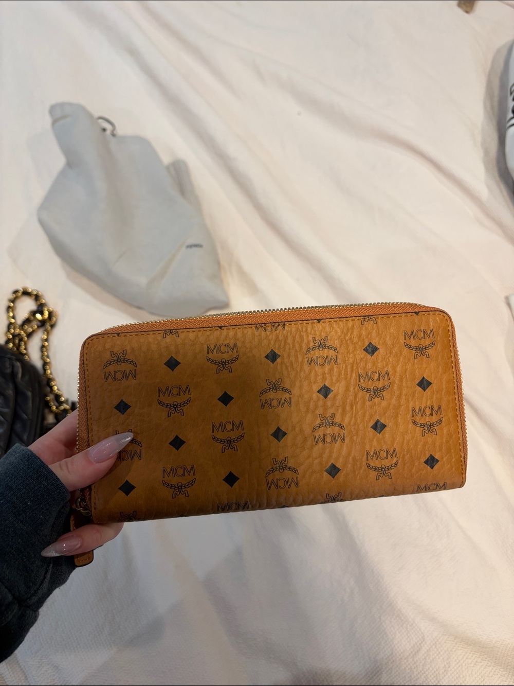 MCM Visetos Zip Wallet in Cognac Brown with Black Logo